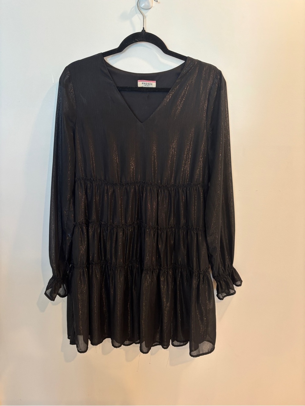 Andree Black Shimmer Tiered V-Neck dress